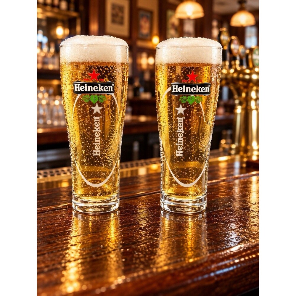 Heineken Beer Glasses Set of 2 Red Star Hop Logo Tall Bar Glasses